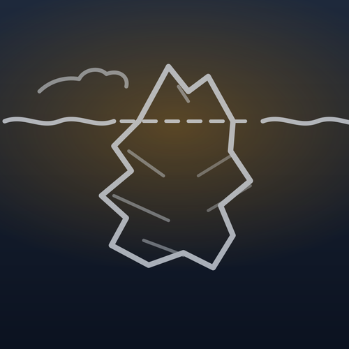 A line drawing of an iceberg on a dark background: a small tip above the waterline and a much larger mass below, showing that a short AI summary sits on top of a lot more evidence.